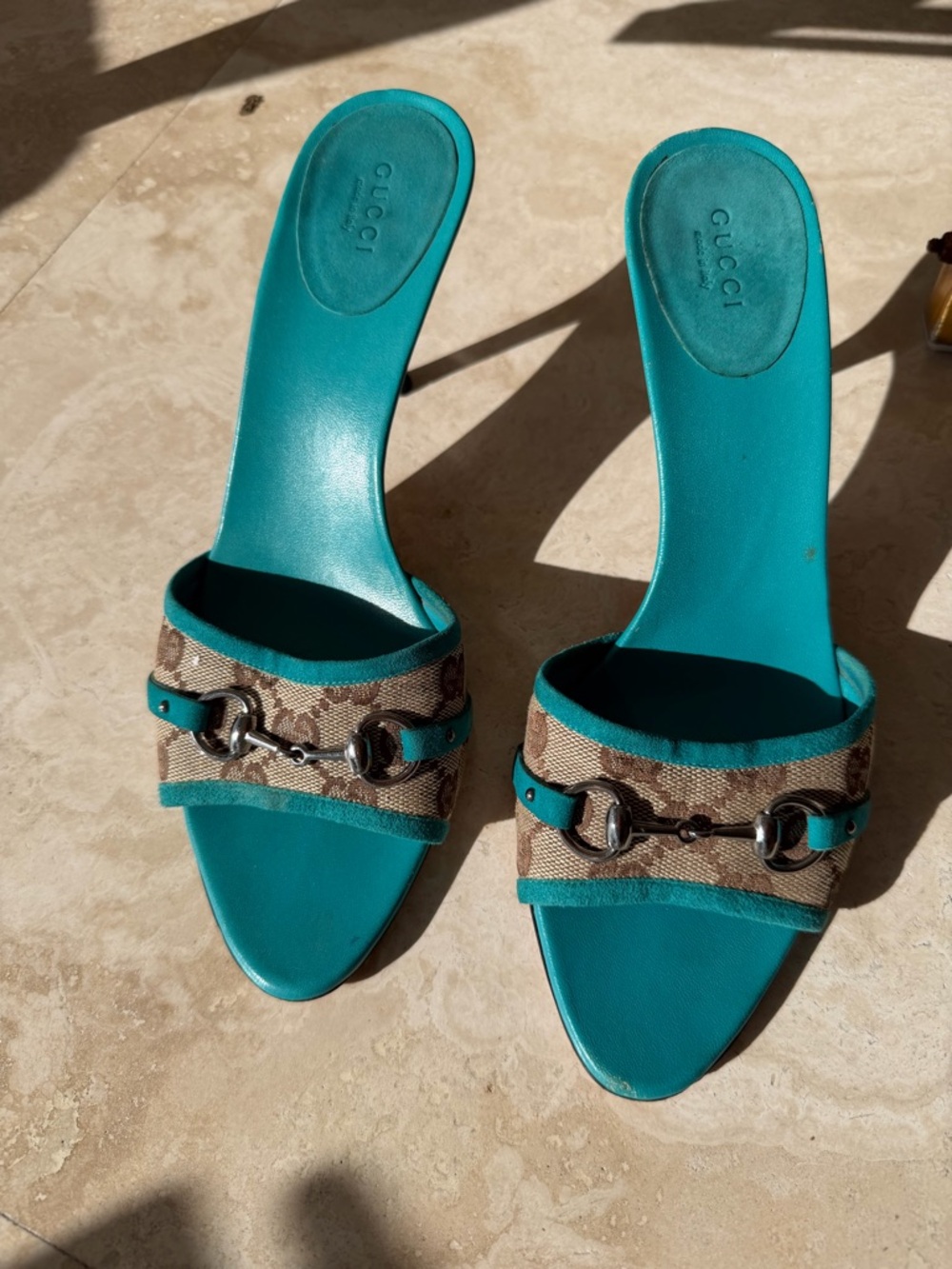 Gucci Teal Leather and Monogram Horsebit Slide Sandals